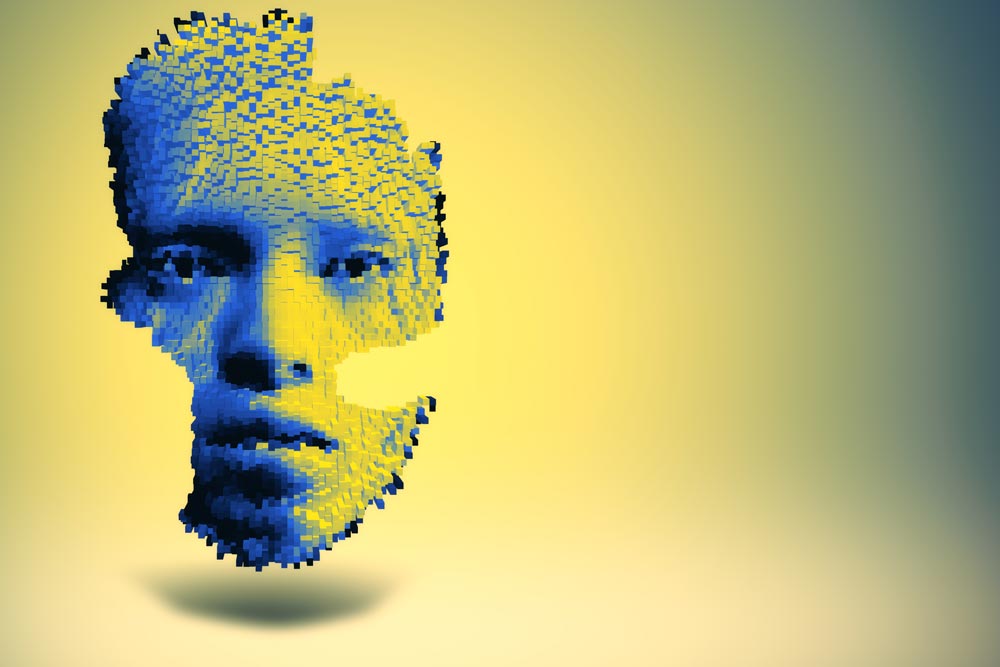 Generative ai concept - partially generated human face on a yellow background